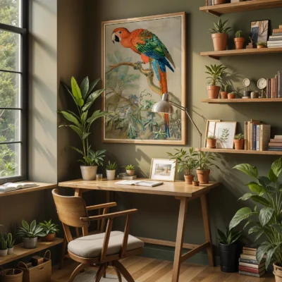Vintage parrot print scarlet macaw poster above desk in stylish home office