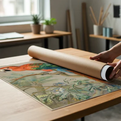Vintage parrot print scarlet macaw poster being unrolled on wooden table