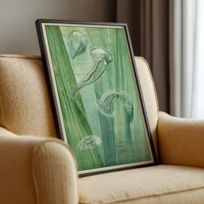 Micro organisms poster vintage biology print leaning on armchair in cozy room