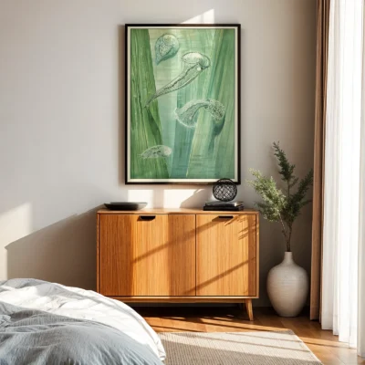 Micro organisms poster vintage green scientific artwork above wooden cabinet