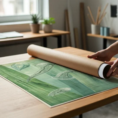 Micro organisms poster vintage biology print being unrolled on wooden table