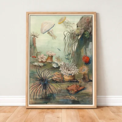 Sea life wall art sea anemones poster standing in wooden frame