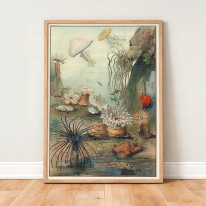 Sea life wall art sea anemones poster standing in wooden frame
