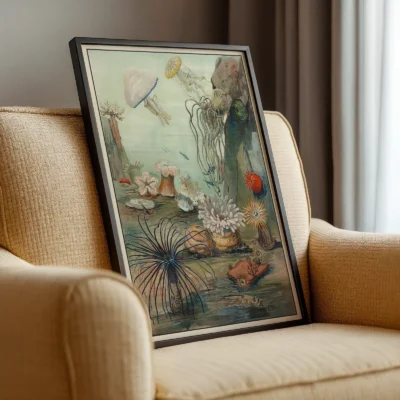 Sea life wall art sea anemones poster leaning on armchair in cozy room