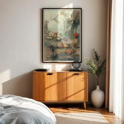 Sea life wall art sea anemones poster above wooden cabinet in bedroom
