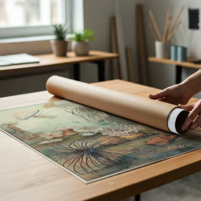 Sea life wall art sea anemones poster being unrolled on wooden table