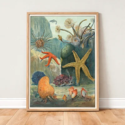 Marine life wall art starfish ocean poster standing in wooden frame