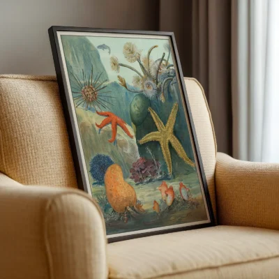 Marine life wall art starfish poster leaning on armchair in cozy room