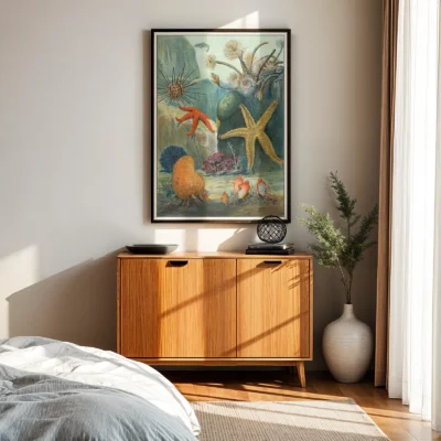 Marine life wall art ocean poster above wooden cabinet in bedroom