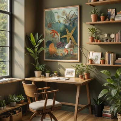 Marine life wall art starfish poster above desk in stylish home office