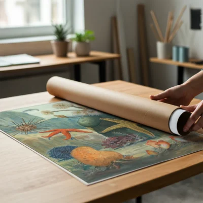 Marine life wall art starfish ocean poster being unrolled on table