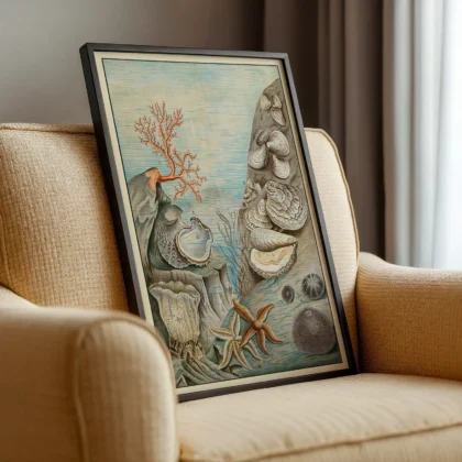 Coastal wall art oyster and starfish poster leaning on armchair