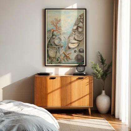 Coastal wall art oysters corals print above wooden cabinet in bedroom