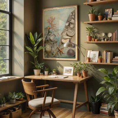 Coastal wall art oyster and starfish print above desk in home office