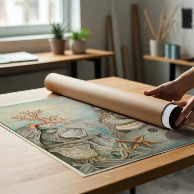 Coastal wall art oysters and starfish print being unrolled on table