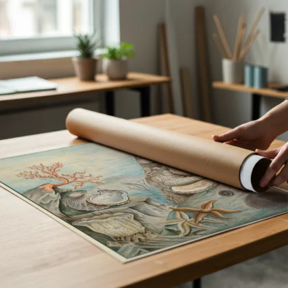 Coastal wall art oysters and starfish print being unrolled on table