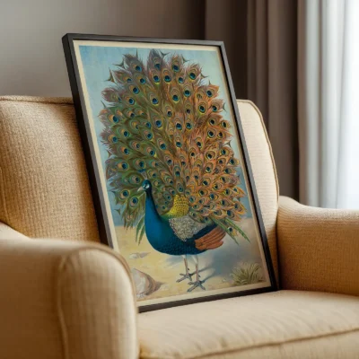 Peacock poster vintage bird artwork leaning on armchair in cozy room
