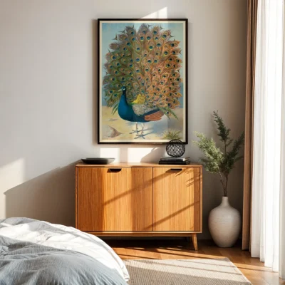 Peacock poster vintage bird wall art above wooden cabinet in bedroom