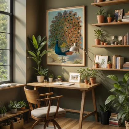 Peacock poster vintage bird print above desk in stylish home office