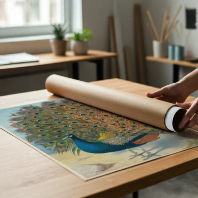 Peacock poster vintage bird print being unrolled on wooden table