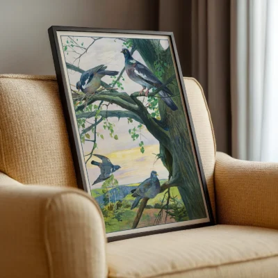 Pigeon poster vintage bird artwork leaning on armchair in cozy room