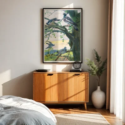 Pigeon poster vintage bird wall art above wooden cabinet in bedroom