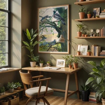 Pigeon poster vintage bird print above desk in stylish home office