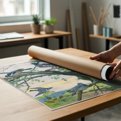 Pigeon poster vintage bird print being unrolled on wooden table