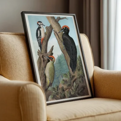 Woodpecker print vintage bird artwork leaning on armchair