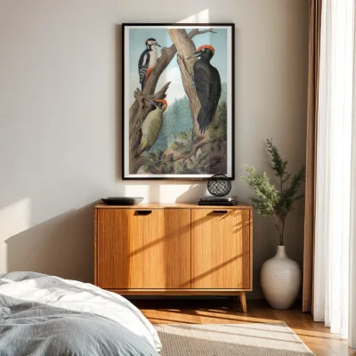 Woodpecker print vintage bird poster above wooden cabinet in bedroom
