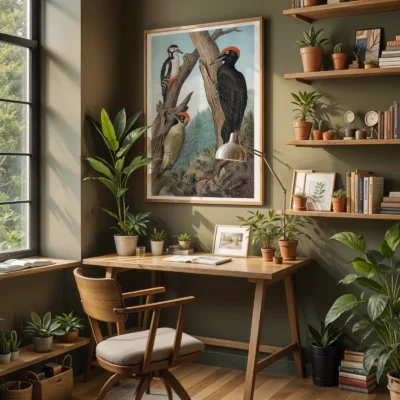 Woodpecker print vintage bird illustration above desk in home office