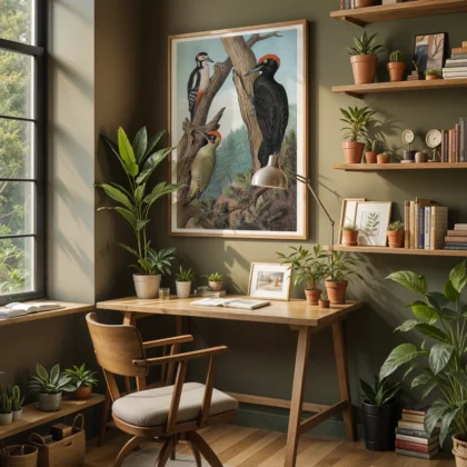 Woodpecker print vintage bird illustration above desk in home office
