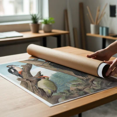 Woodpecker print vintage bird poster being unrolled on wooden table