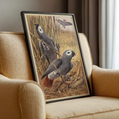 Parrot poster African grey bird artwork leaning on armchair