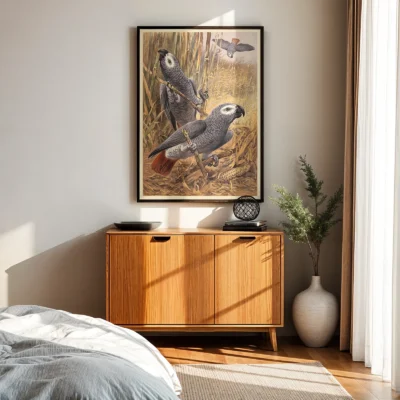 Parrot poster African grey vintage print above wooden cabinet