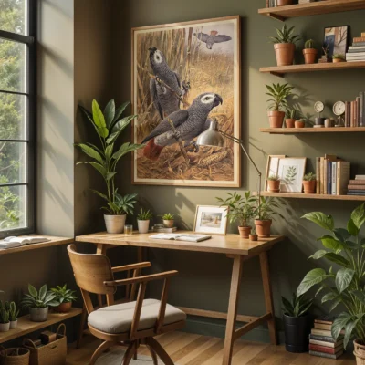 Parrot poster African grey bird print above desk in home office