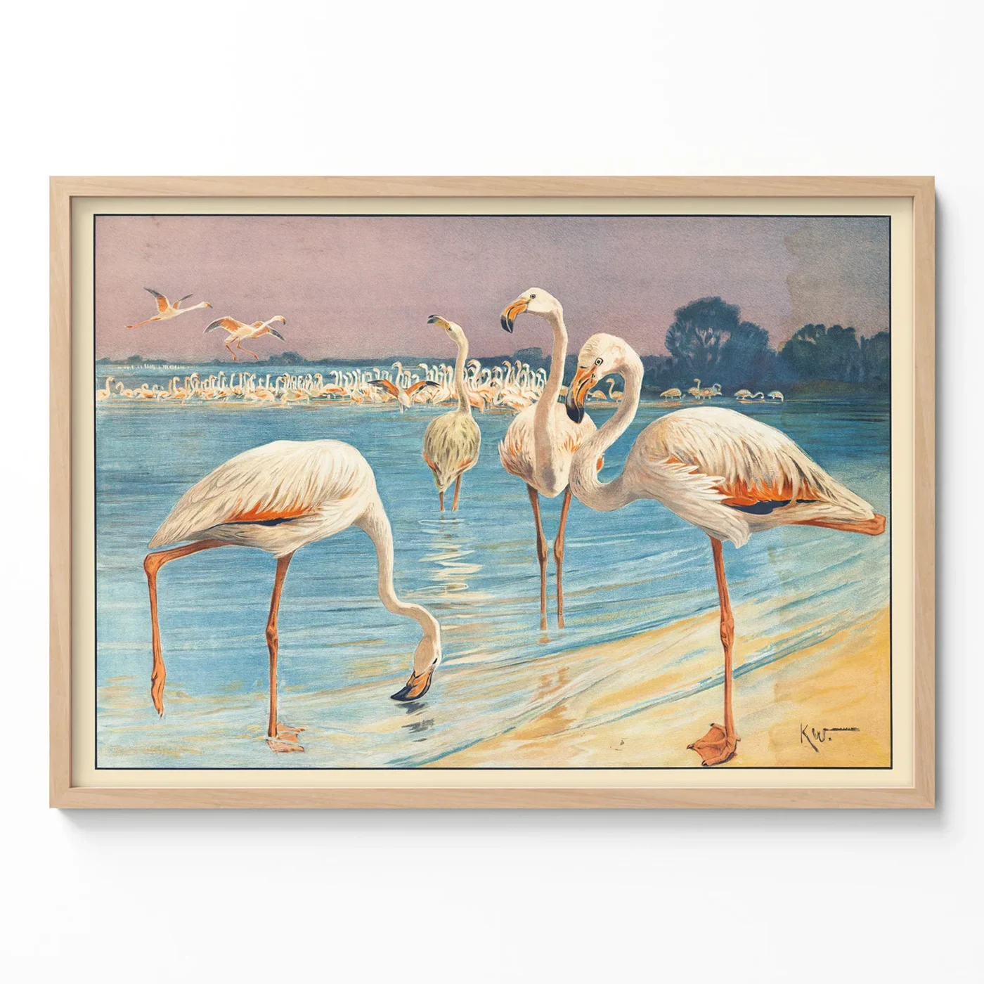 Flamingo poster vintage bird art print in wooden frame on light wall