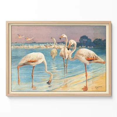 Flamingo poster vintage bird art print in wooden frame on light wall