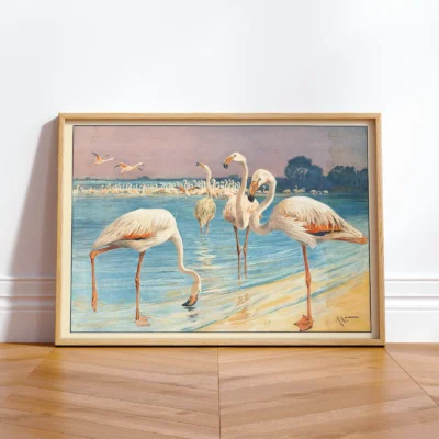 Flamingo poster vintage bird print standing in wooden frame