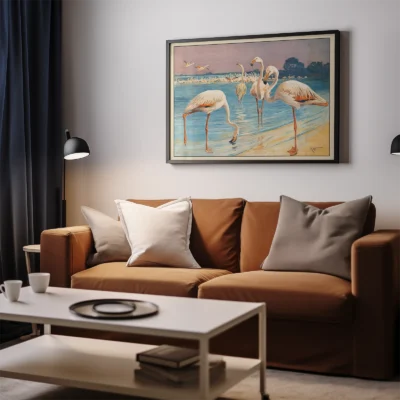 Flamingo poster vintage bird artwork above sofa in modern living room