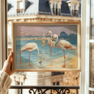 Flamingo poster vintage bird print held in wooden frame