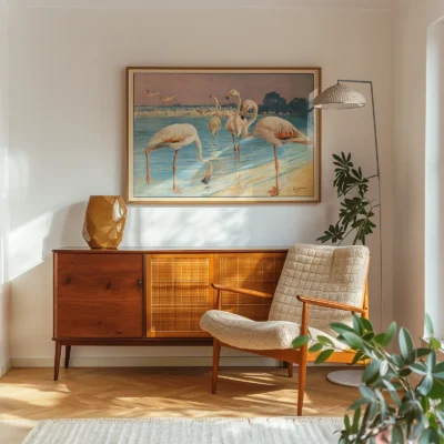 Flamingo poster vintage bird wall art above sideboard in living room