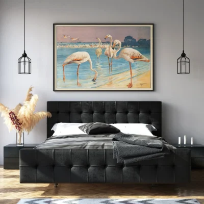 Flamingo poster vintage bird art above bed in stylish bedroom