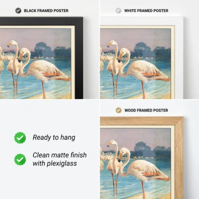 Flamingo poster vintage bird wall art frame options black white wood
