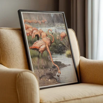 Flamingo print vintage nature wall poster