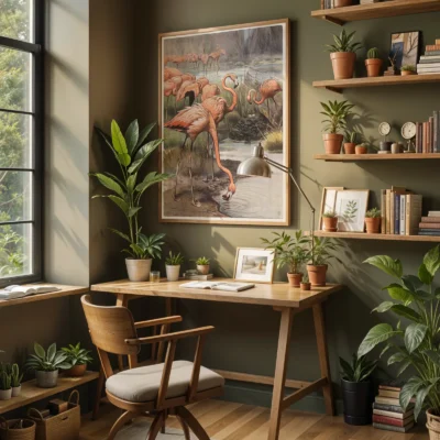 Flamingo print botanical wildlife wall decor