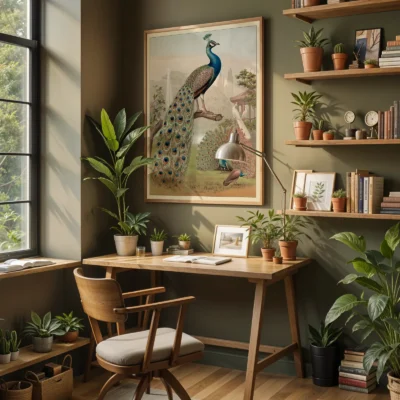 Peacock print botanical wildlife wall decor