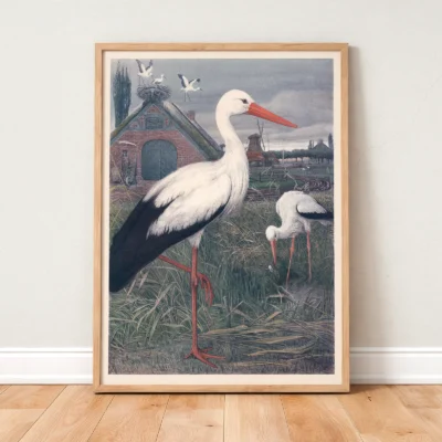 Stork poster antique wildlife wall decor