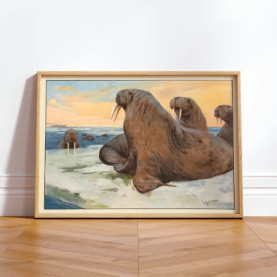 Walrus poster vintage arctic animal print standing in wooden frame
