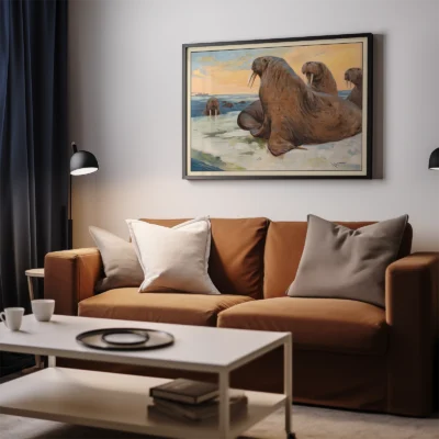 Walrus poster vintage arctic wall art above sofa in living room